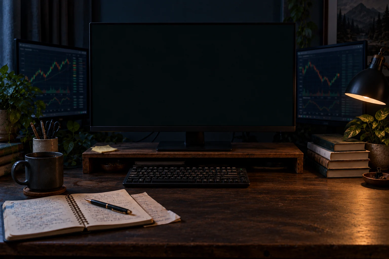 Conceptual evening stock research desk with handwritten notes, coffee and three monitors. Moving candles are decorative artwork.